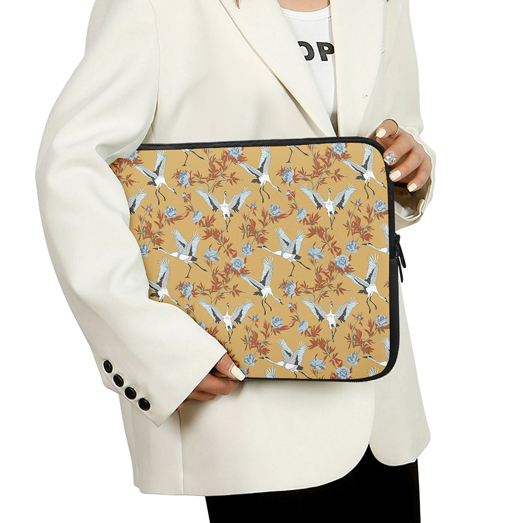 White Japanese Cranes Pattern Print Laptop Sleeve