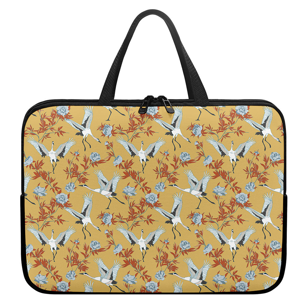 White Japanese Cranes Pattern Print Laptop Sleeve With Handle
