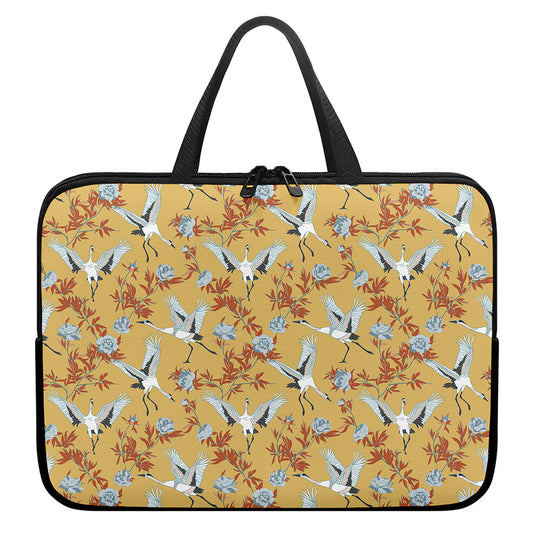White Japanese Cranes Pattern Print Laptop Sleeve With Handle
