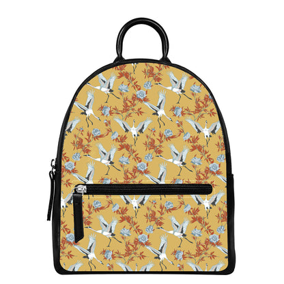 White Japanese Cranes Pattern Print Leather Backpack