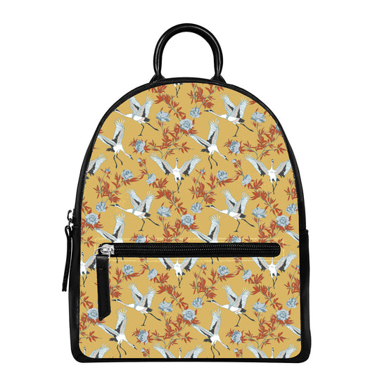 White Japanese Cranes Pattern Print Leather Backpack