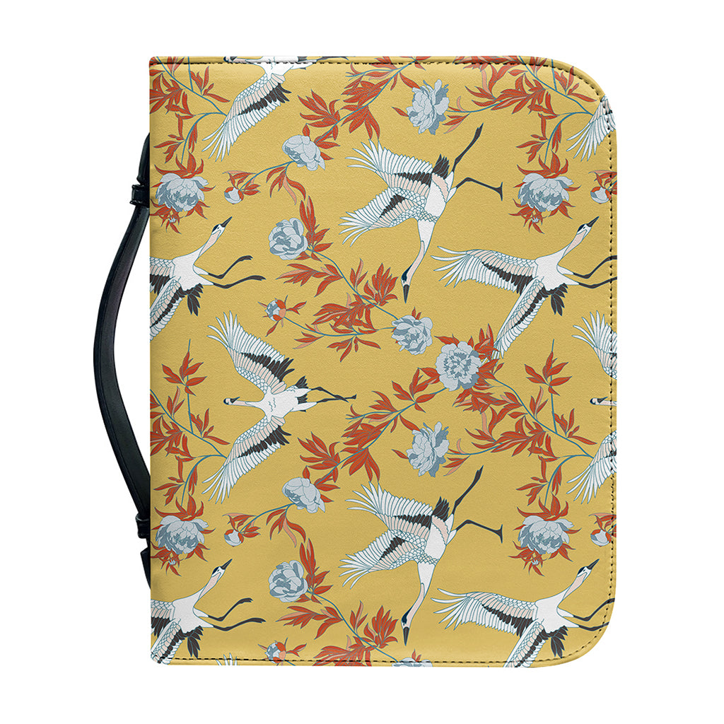 White Japanese Cranes Pattern Print Leather Bible Cover