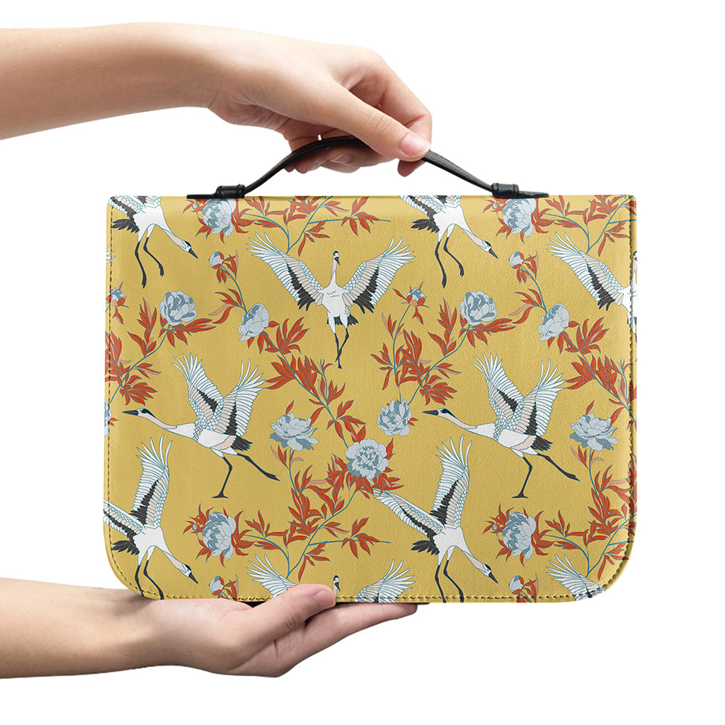 White Japanese Cranes Pattern Print Leather Bible Cover