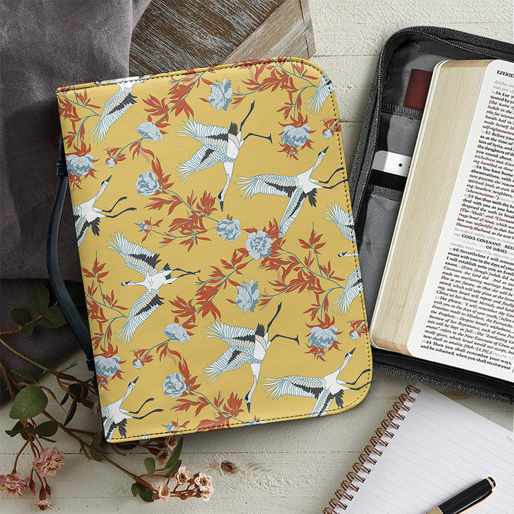 White Japanese Cranes Pattern Print Leather Bible Cover