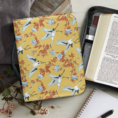 White Japanese Cranes Pattern Print Leather Bible Cover