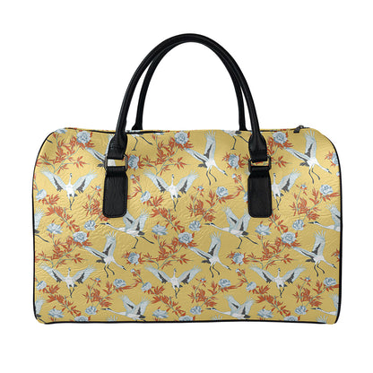 White Japanese Cranes Pattern Print Leather Duffle Bag