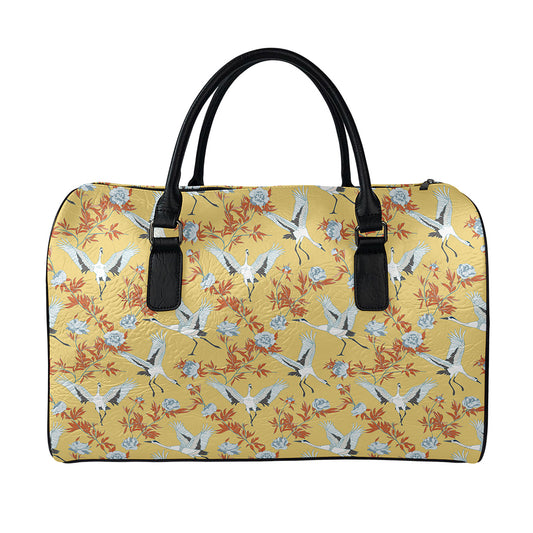 White Japanese Cranes Pattern Print Leather Duffle Bag