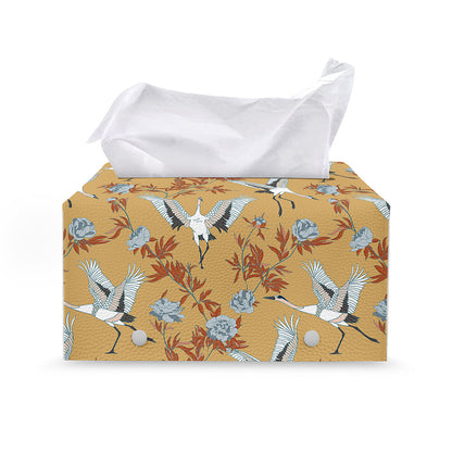 White Japanese Cranes Pattern Print Leather Tissue Box Cover