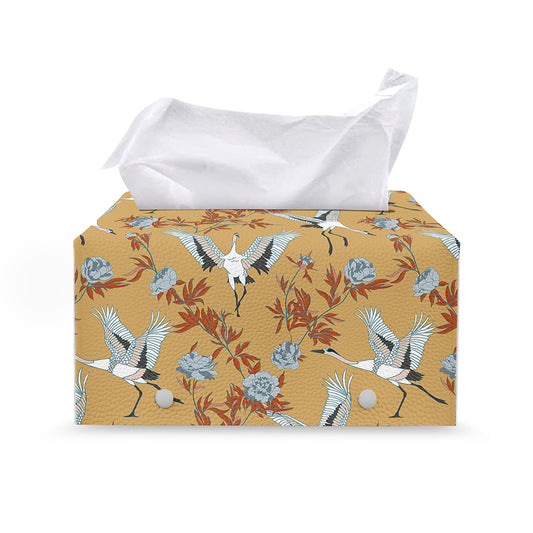 White Japanese Cranes Pattern Print Leather Tissue Box Cover