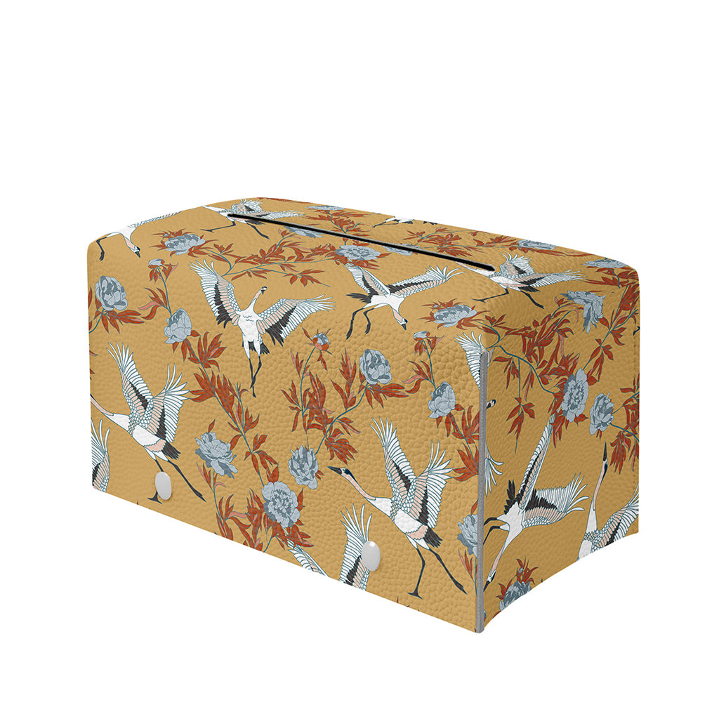 White Japanese Cranes Pattern Print Leather Tissue Box Cover