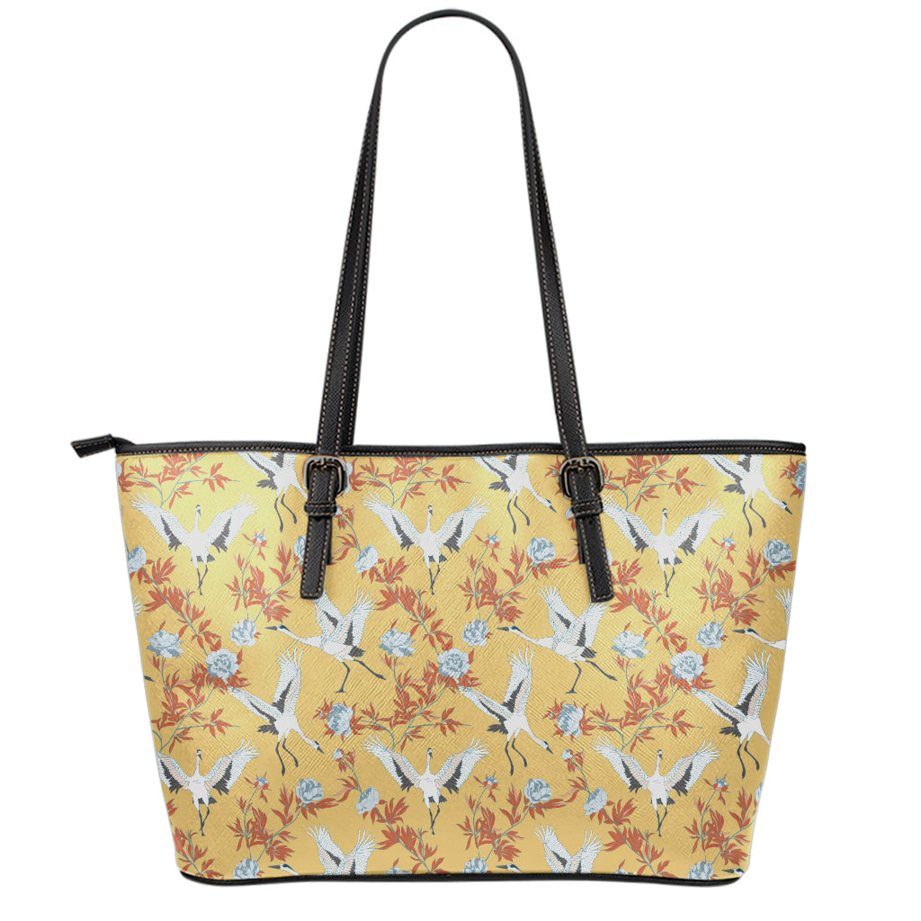 White Japanese Cranes Pattern Print Leather Tote Bag