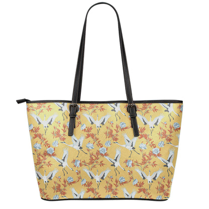 White Japanese Cranes Pattern Print Leather Tote Bag