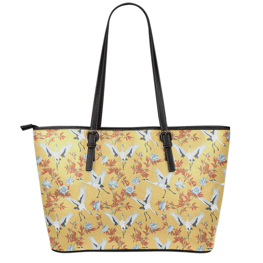 White Japanese Cranes Pattern Print Leather Tote Bag