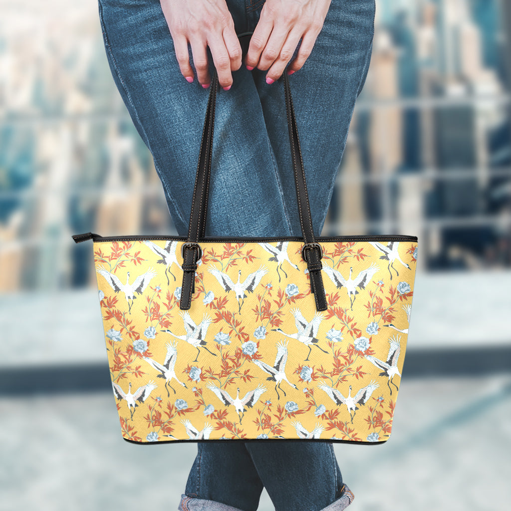 White Japanese Cranes Pattern Print Leather Tote Bag