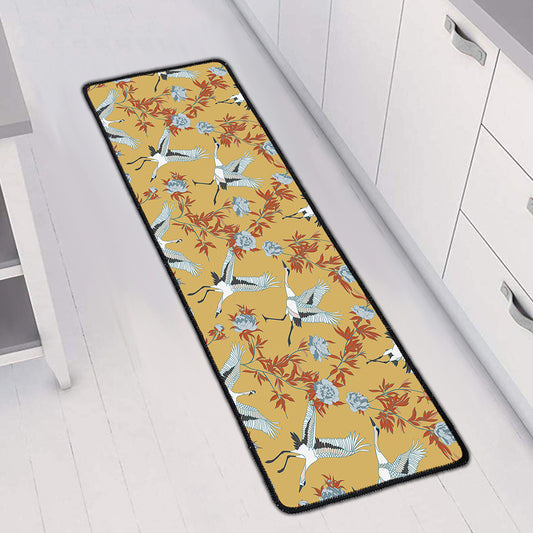 White Japanese Cranes Pattern Print Long Kitchen Mat