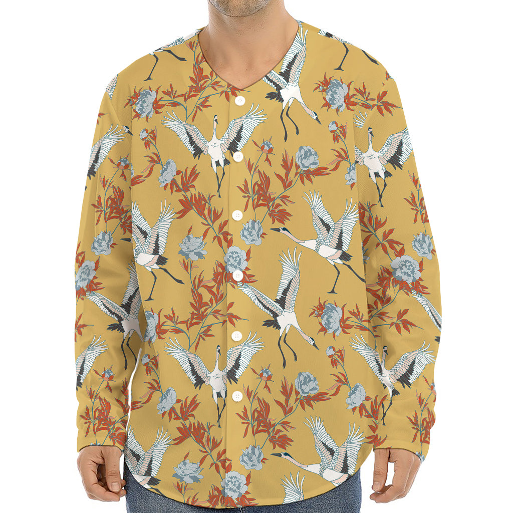 White Japanese Cranes Pattern Print Long Sleeve Baseball Jersey