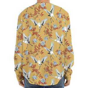 White Japanese Cranes Pattern Print Long Sleeve Baseball Jersey