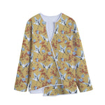 White Japanese Cranes Pattern Print Long Sleeve Short Coat
