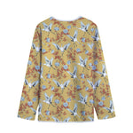 White Japanese Cranes Pattern Print Long Sleeve Short Coat