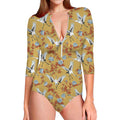 White Japanese Cranes Pattern Print Long Sleeve Swimsuit