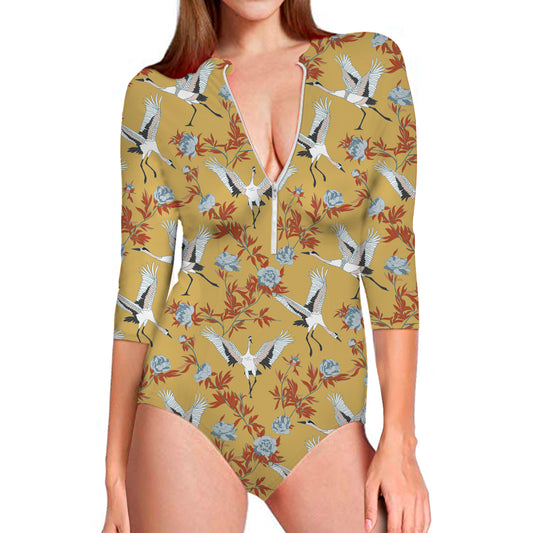 White Japanese Cranes Pattern Print Long Sleeve Swimsuit