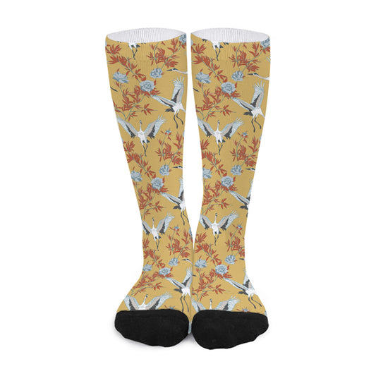 White Japanese Cranes Pattern Print Long Socks