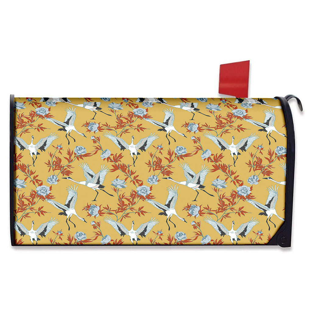 White Japanese Cranes Pattern Print Mailbox Cover
