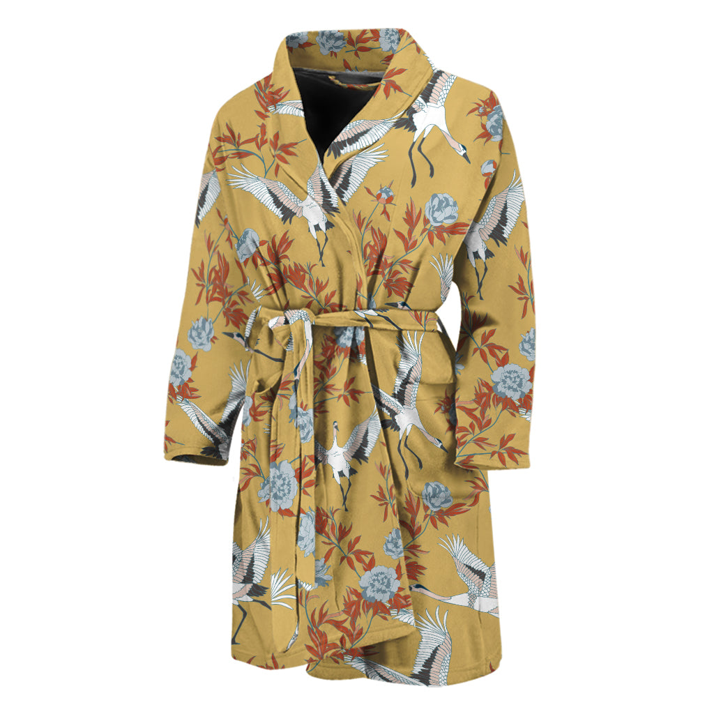 White Japanese Cranes Pattern Print Men's Bathrobe