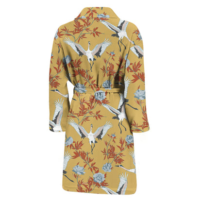 White Japanese Cranes Pattern Print Men's Bathrobe