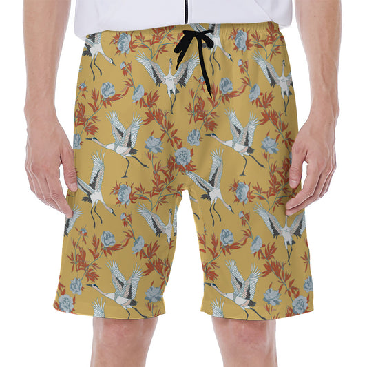White Japanese Cranes Pattern Print Men's Beach Shorts