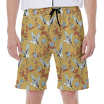 White Japanese Cranes Pattern Print Men's Beach Shorts