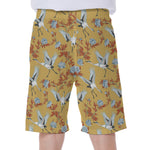 White Japanese Cranes Pattern Print Men's Beach Shorts