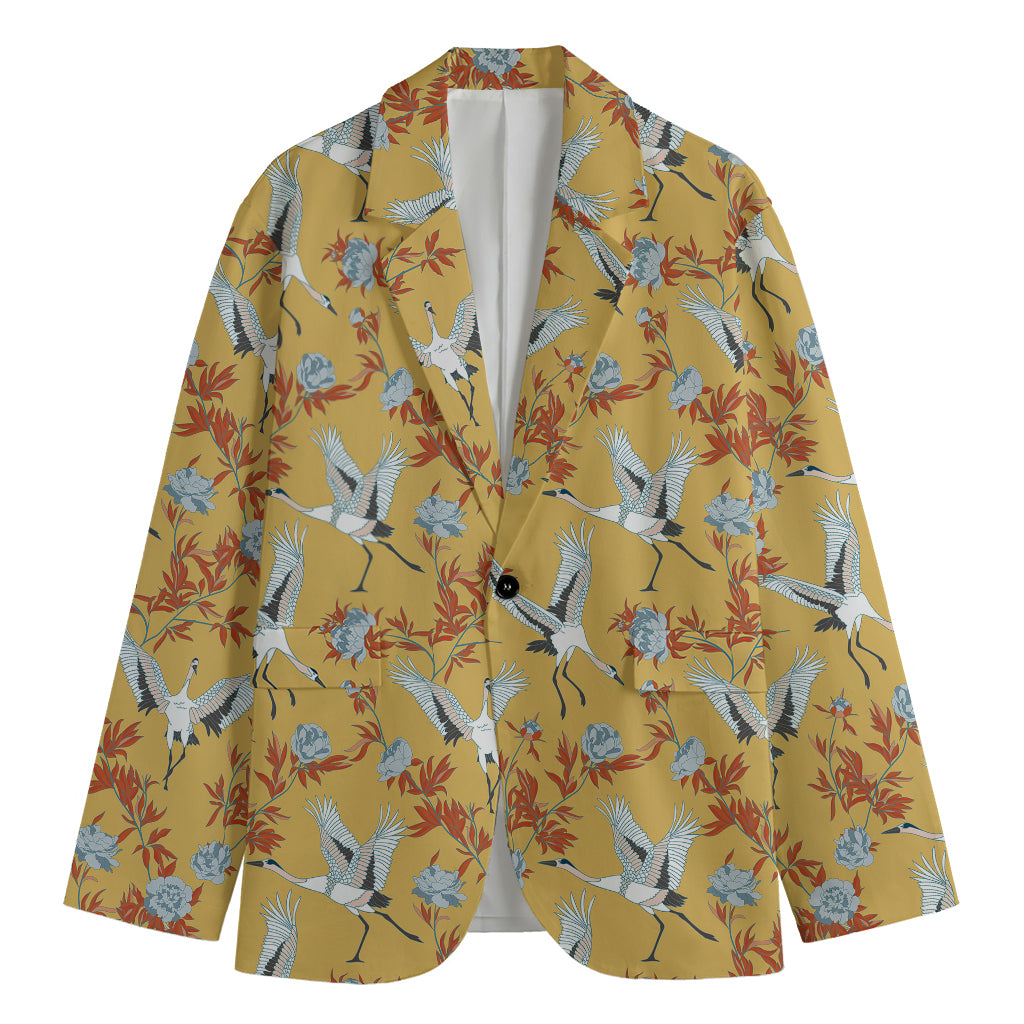 White Japanese Cranes Pattern Print Men's Blazer