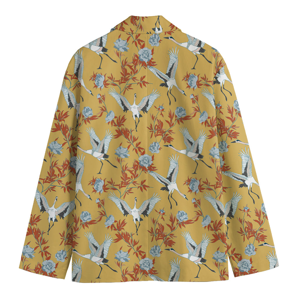 White Japanese Cranes Pattern Print Men's Blazer