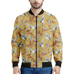 White Japanese Cranes Pattern Print Men's Bomber Jacket