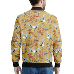 White Japanese Cranes Pattern Print Men's Bomber Jacket