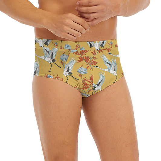 White Japanese Cranes Pattern Print Men's Briefs