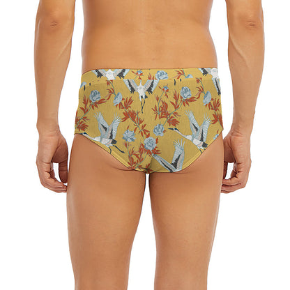 White Japanese Cranes Pattern Print Men's Briefs