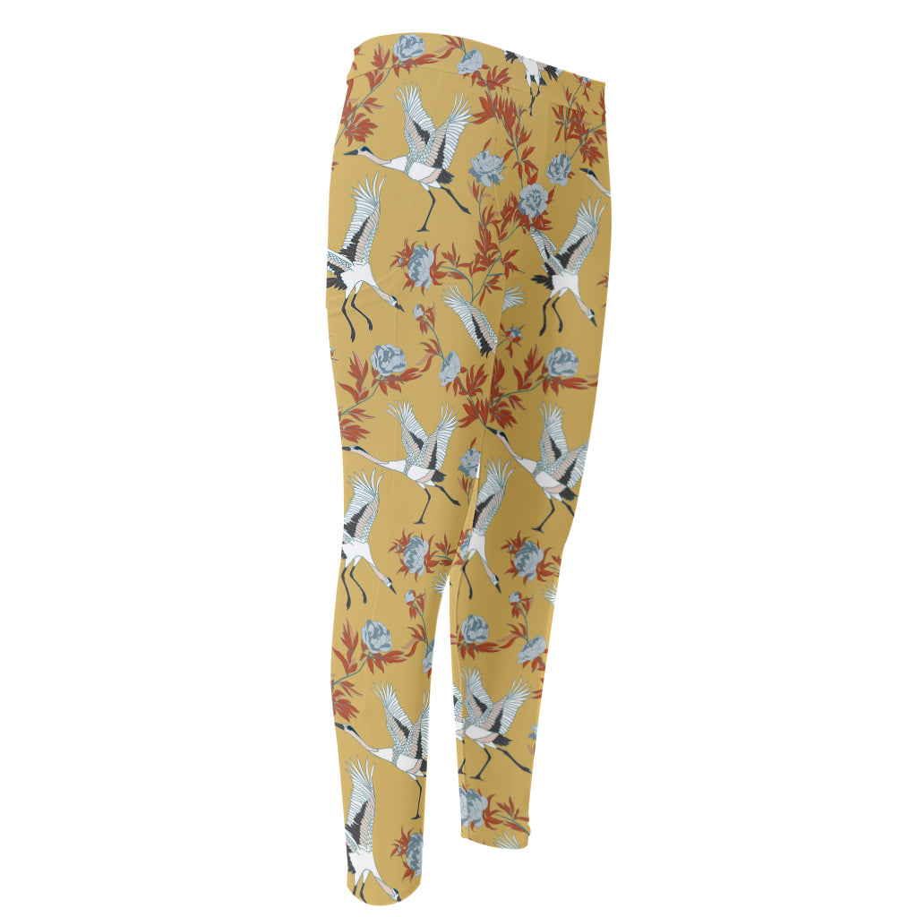 White Japanese Cranes Pattern Print Men's Compression Pants