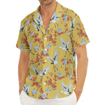 White Japanese Cranes Pattern Print Men's Deep V-Neck Shirt