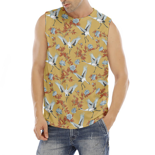 White Japanese Cranes Pattern Print Men's Fitness Tank Top