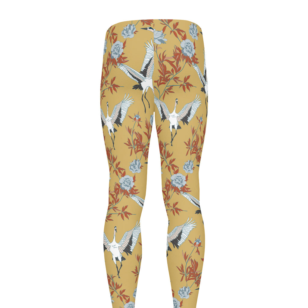 White Japanese Cranes Pattern Print Men's leggings