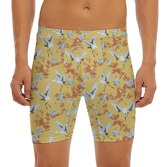White Japanese Cranes Pattern Print Men's Long Boxer Briefs