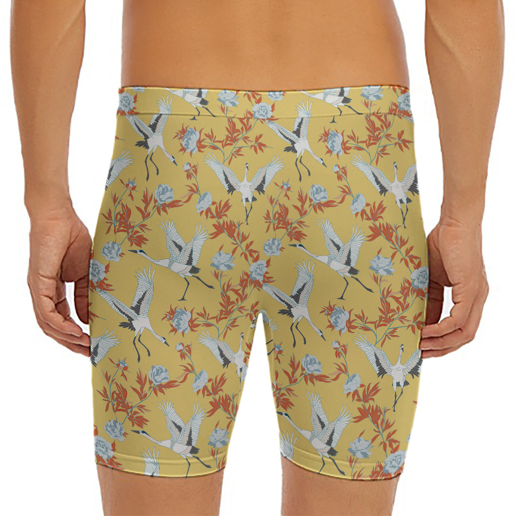 White Japanese Cranes Pattern Print Men's Long Boxer Briefs