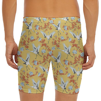 White Japanese Cranes Pattern Print Men's Long Boxer Briefs