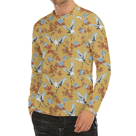 White Japanese Cranes Pattern Print Men's Long Sleeve Rash Guard