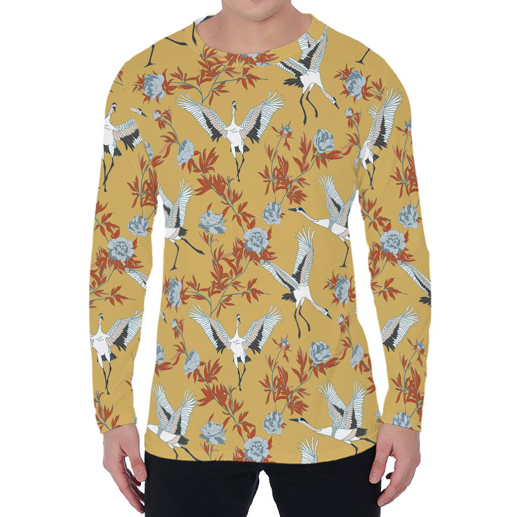 White Japanese Cranes Pattern Print Men's Long Sleeve T-Shirt