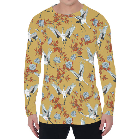White Japanese Cranes Pattern Print Men's Long Sleeve T-Shirt
