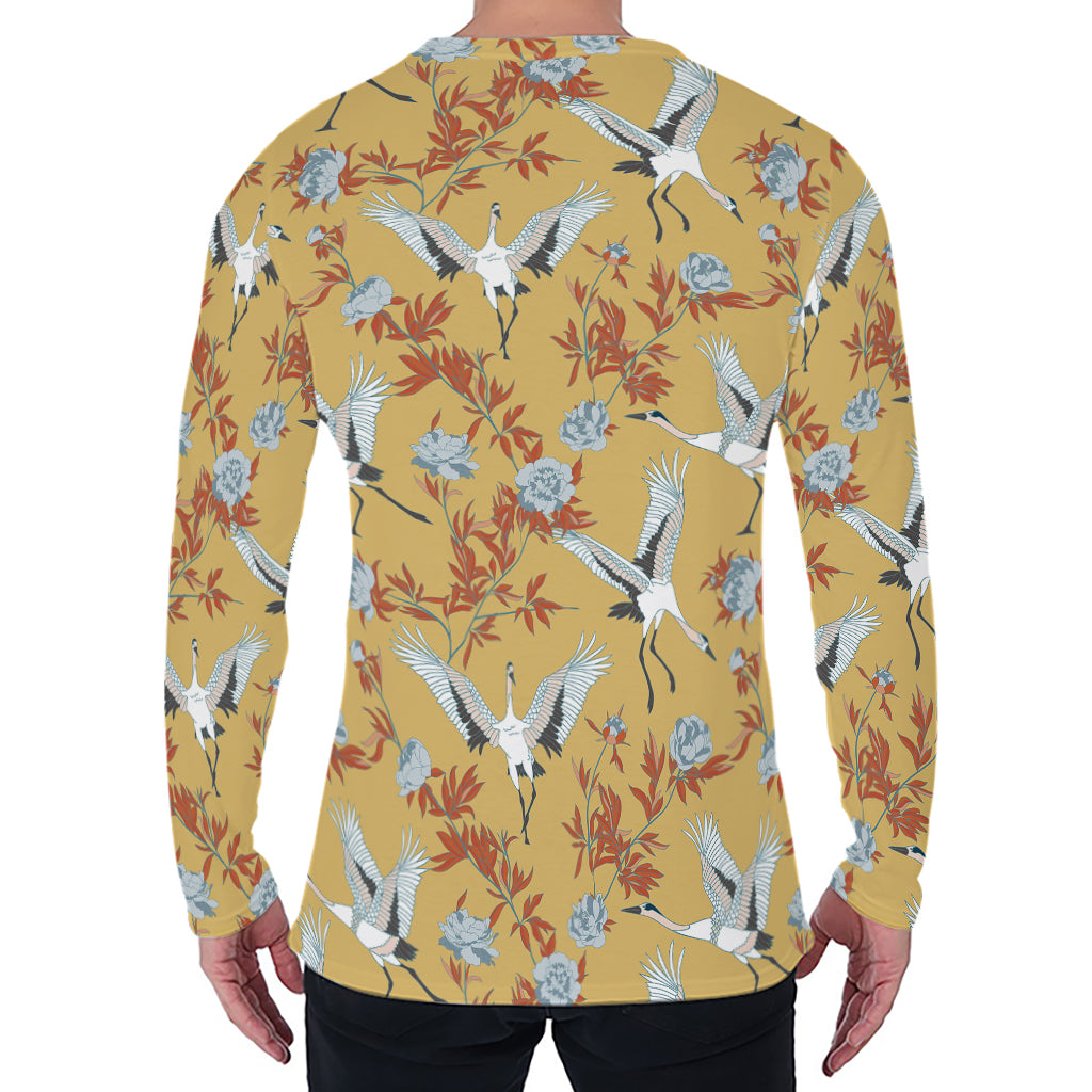 White Japanese Cranes Pattern Print Men's Long Sleeve T-Shirt