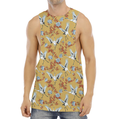 White Japanese Cranes Pattern Print Men's Muscle Tank Top